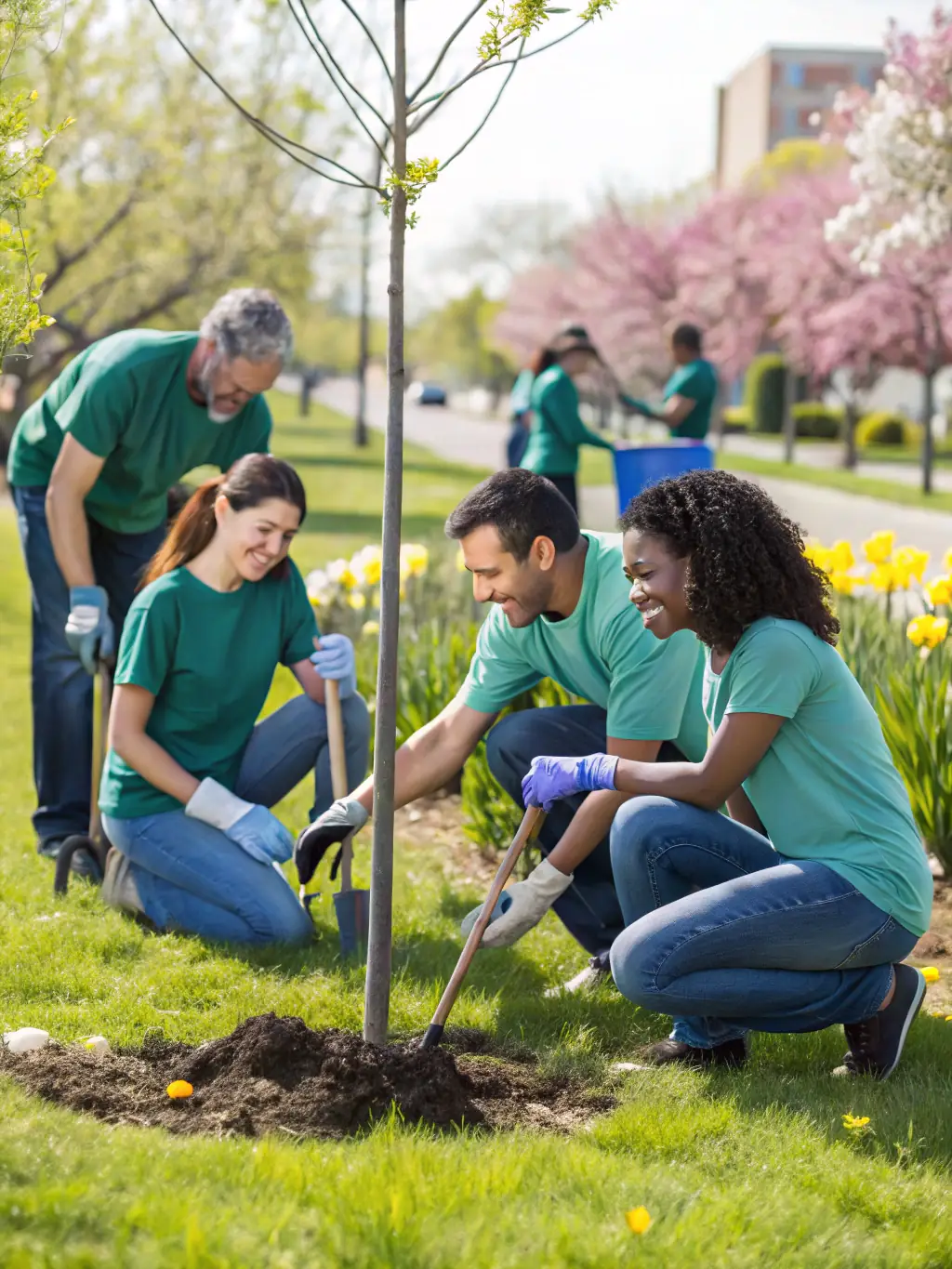 A group of volunteers planting trees at a local park as part of a community engagement project organized by 3S: Sustainable Sports Journey, focusing on environmental conservation.