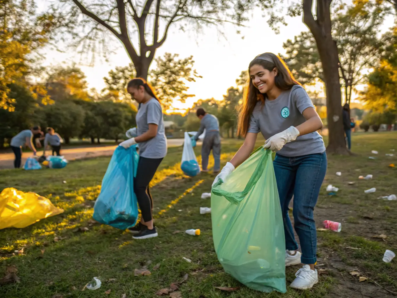 Volunteers participating in a park clean-up event with sports equipment and recycling bins, representing the Community Engagement Projects program.