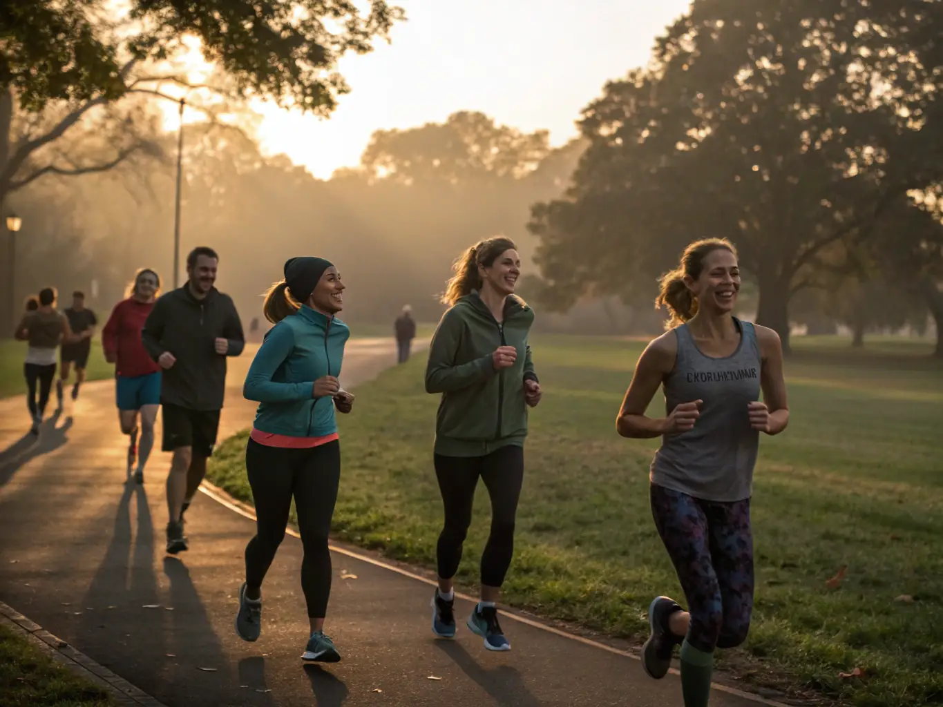 An image of a community running event with participants using reusable water bottles and eco-friendly gear, showcasing the Eco-Friendly Sports Events program.