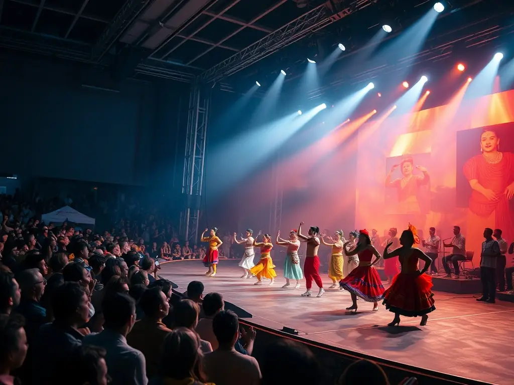 An image of a vibrant live performance with an engaged audience in a cultural venue, showcasing LES VERTEBREES' event organization capabilities.