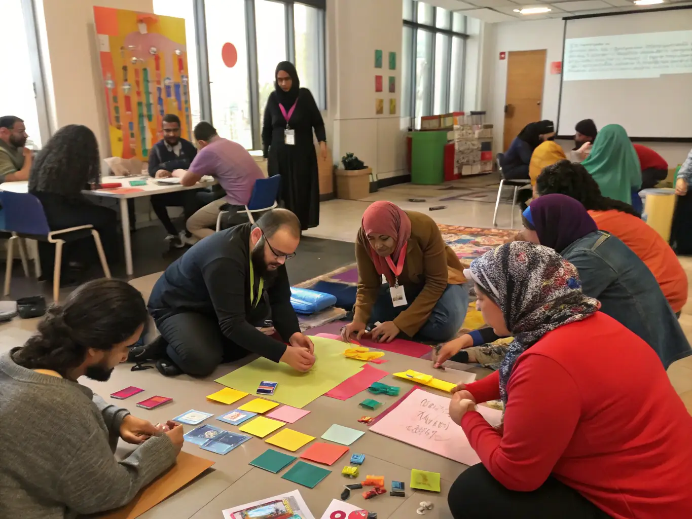 A photo of a workshop with participants engaging in hands-on activities with trainers, illustrating LES VERTEBREES' commitment to training and workshops.