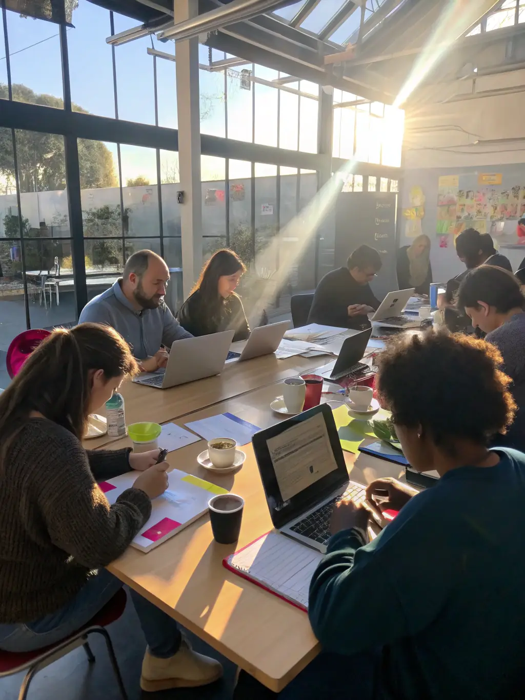 A professional setting showing participants actively engaged in a workshop session led by LES VERTEBREES, focusing on arts management and technical production skills.