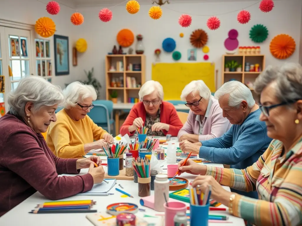 A heartwarming image depicting participants of all ages engaged in a community art workshop, creating colorful artwork and interacting with each other, emphasizing the workshops' role in fostering creativity and social cohesion.