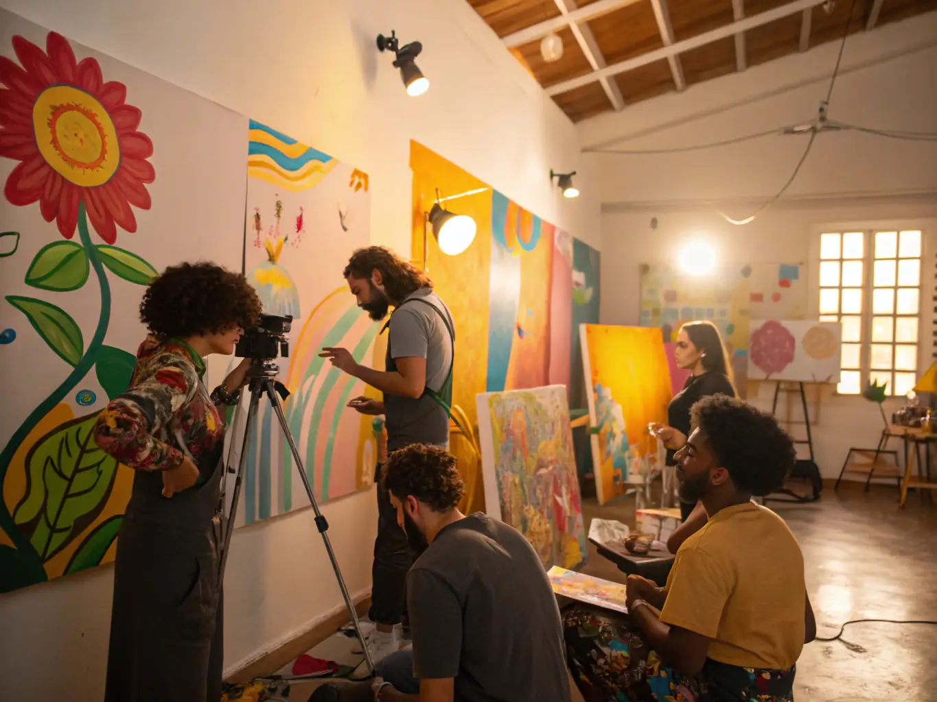 A vibrant photograph capturing the energy of the Artistic Residency Program 2022, showcasing artists at work in their studio spaces, surrounded by their creations, reflecting the program's support for emerging talent in Martinique.