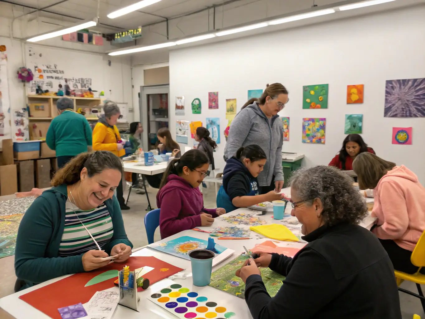 A heartwarming photograph depicting participants of the Community Art Workshops engaged in creative activities, with smiles and focused expressions, emphasizing the program's goal of fostering cultural expression and social cohesion.