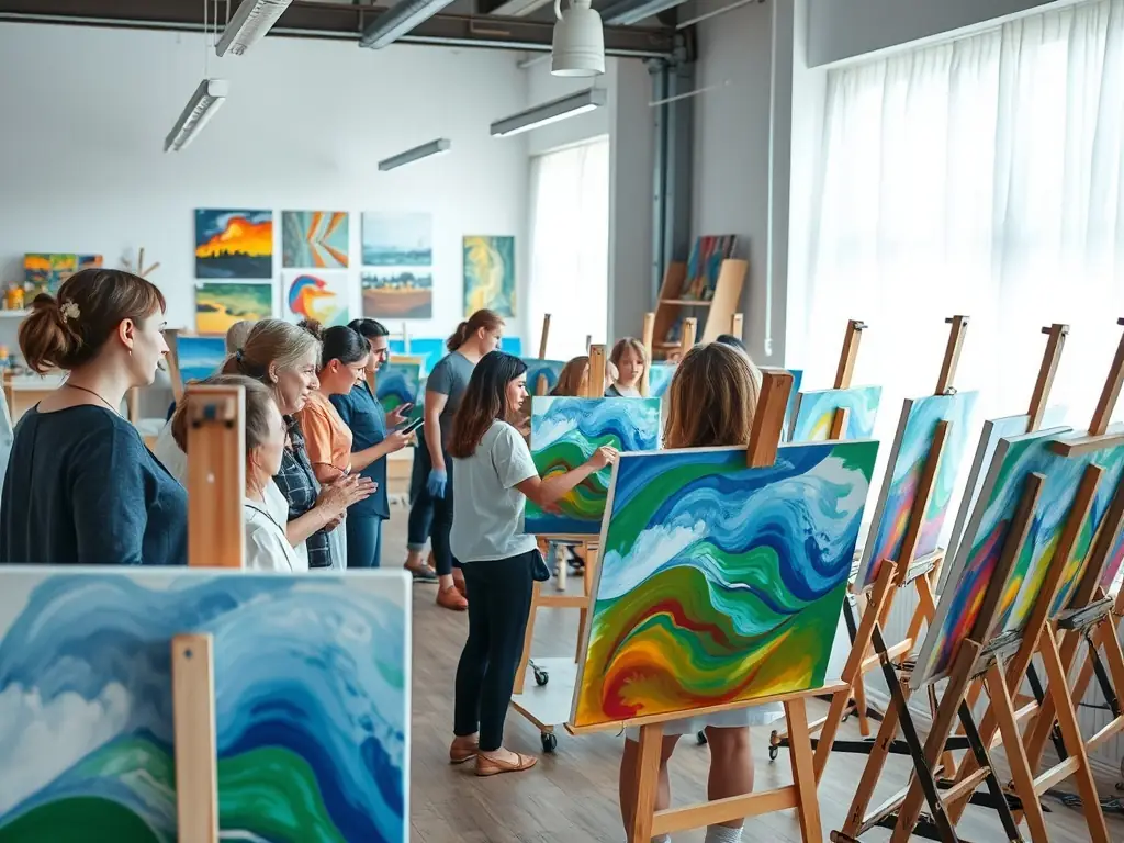 A vibrant image showing artists actively engaged in a workshop setting, surrounded by art supplies and creative projects, reflecting the hands-on support provided by La Station Culturelle's programs.