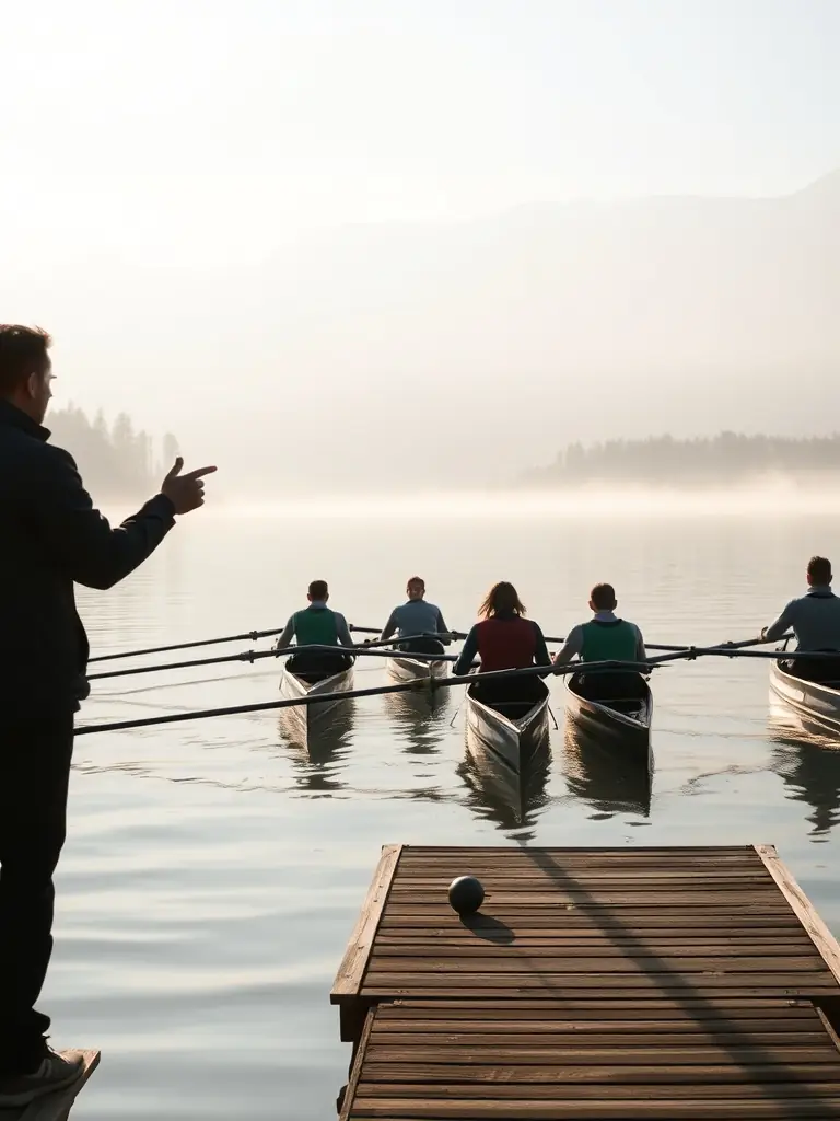 A coach instructing a group of rowers on the water with rowing shells in the background, emphasizing technique and teamwork.