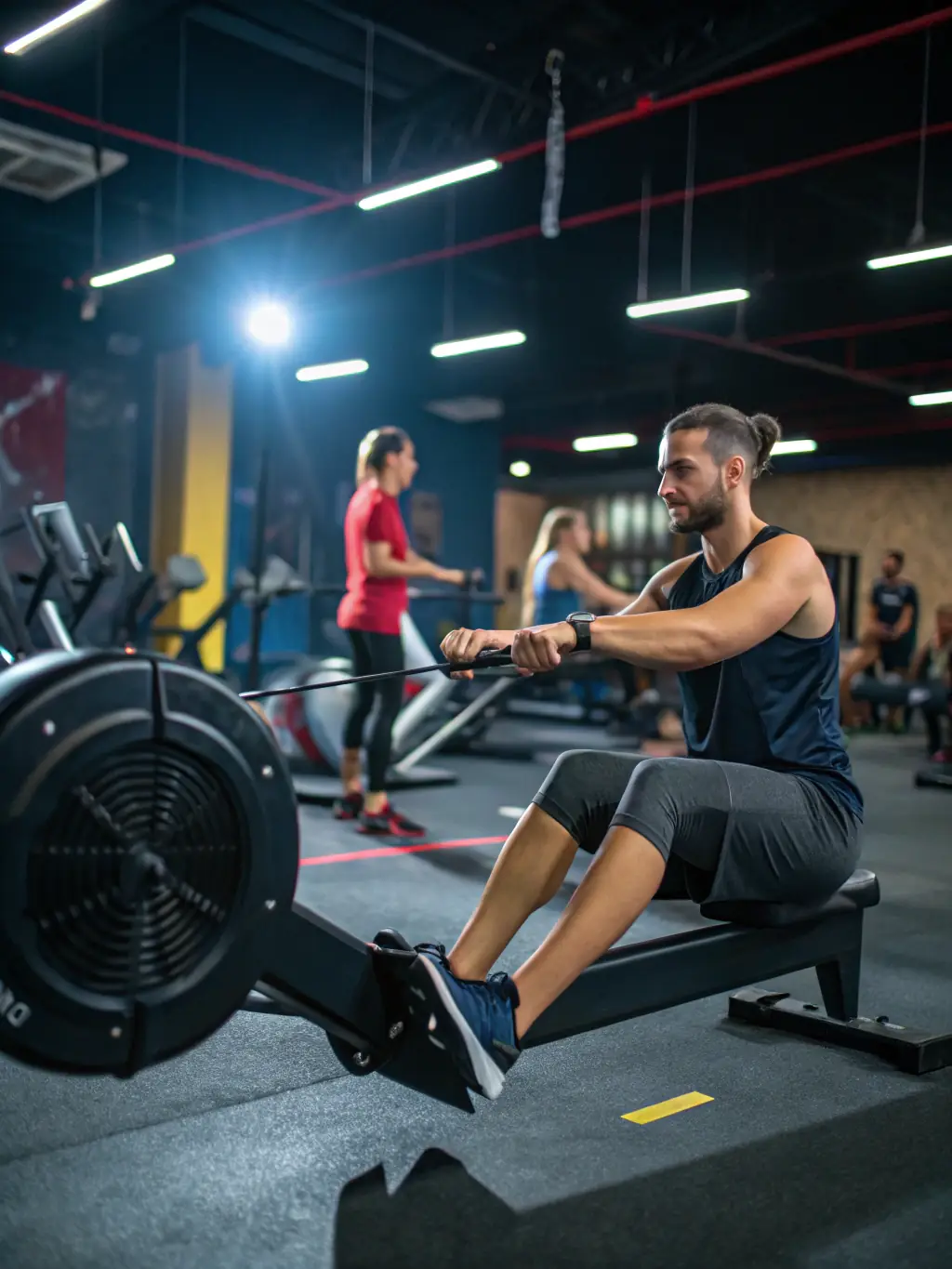 A vibrant photo of participants engaged in an indoor rowing session, highlighting the fitness benefits and accessibility of indoor rowing.
