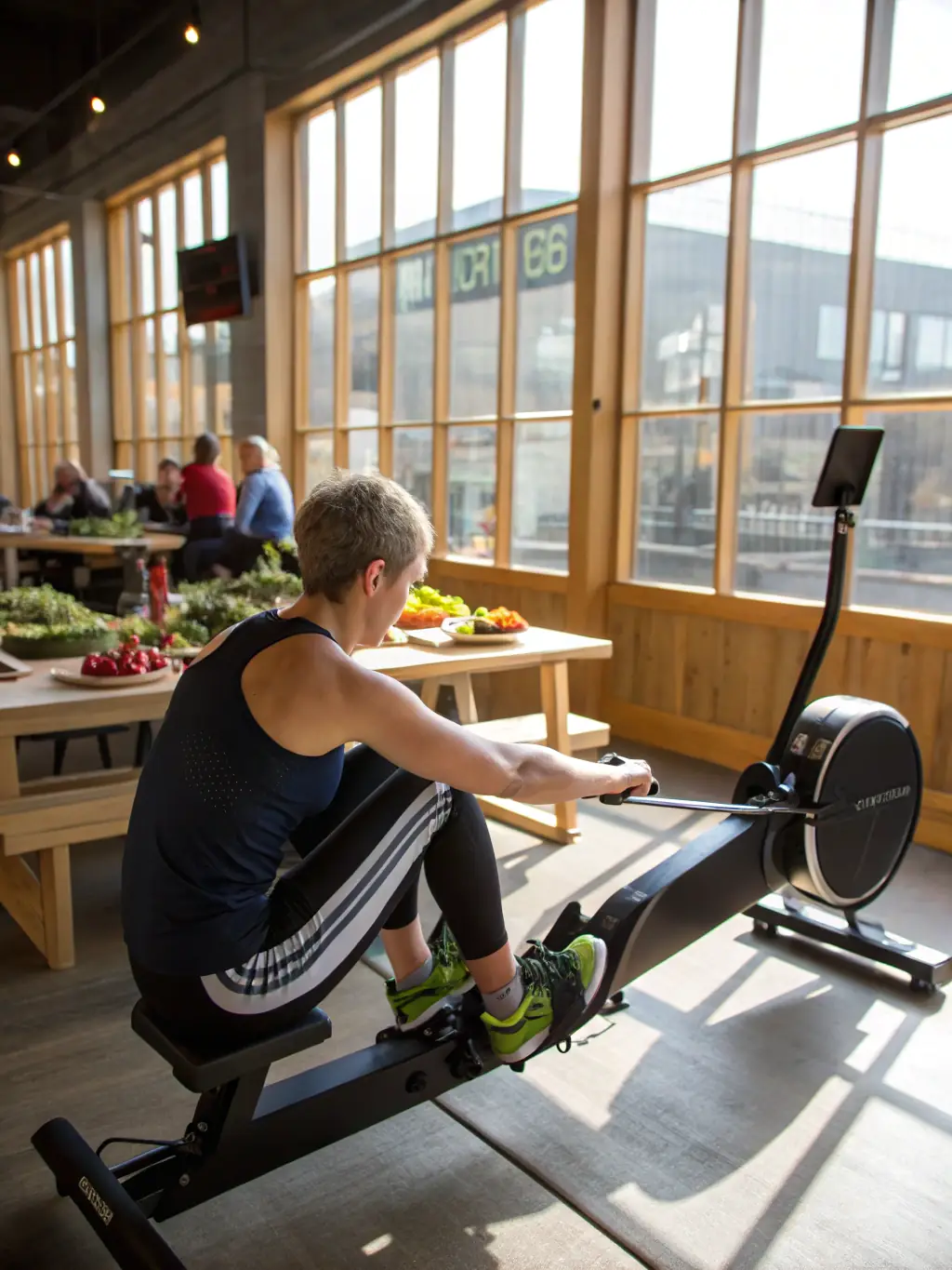People participating in an indoor rowing class at a local gym, focusing on fitness and technique, modern equipment.