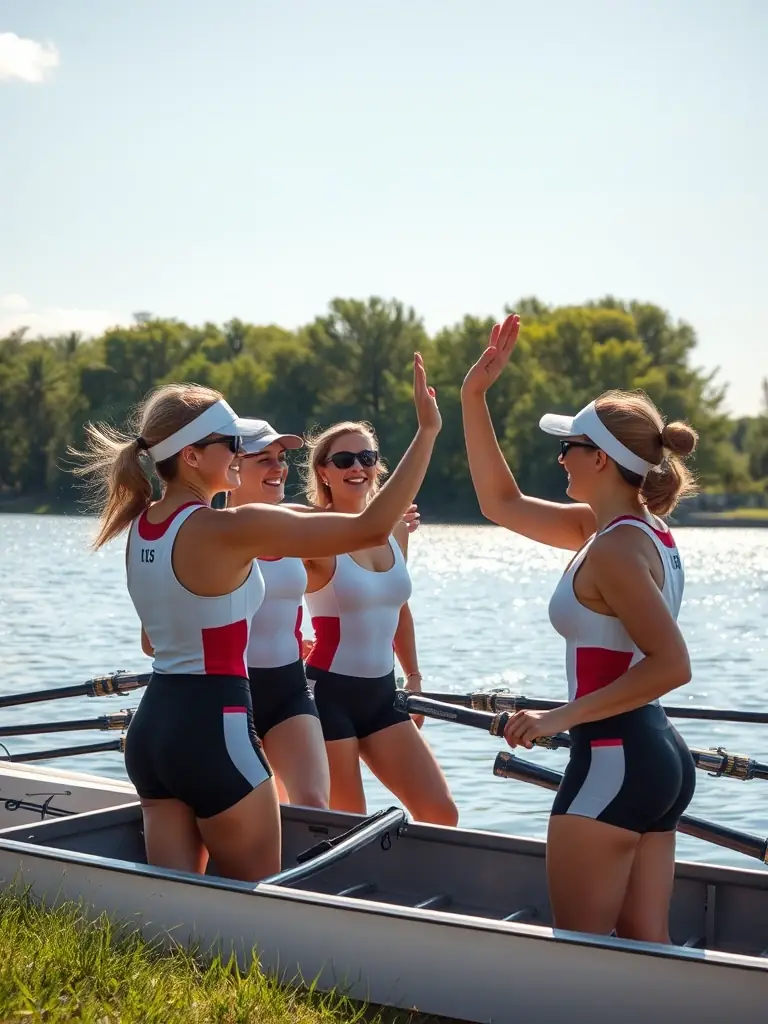 A group of rowers celebrating a victory, showcasing the camaraderie and competitive spirit fostered by the COMITE DEPARTEMENTAL D'AVIRON DES ALPES DE HAUTE-PROVENCE.