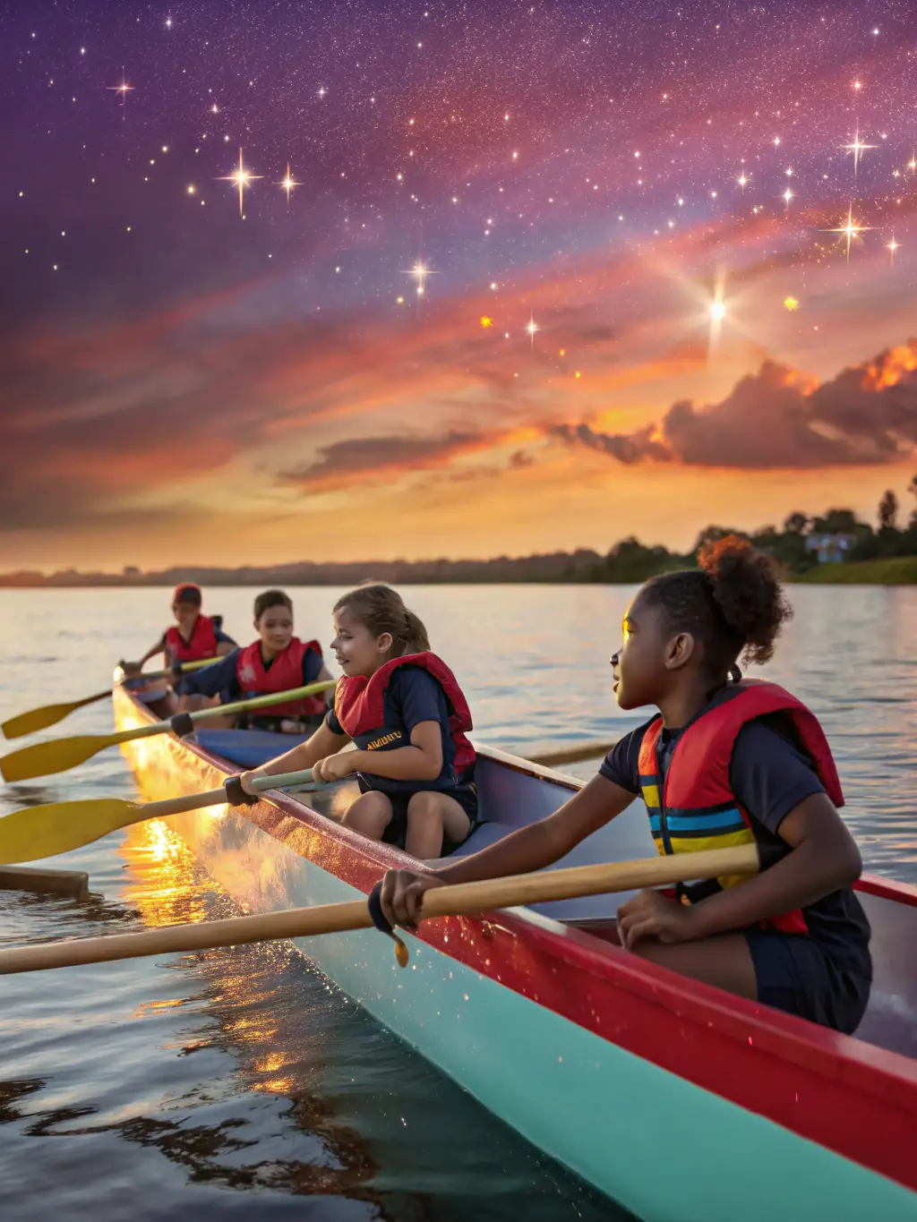 A youth rowing workshop with children and coaches outdoors near the water, promoting youth engagement.